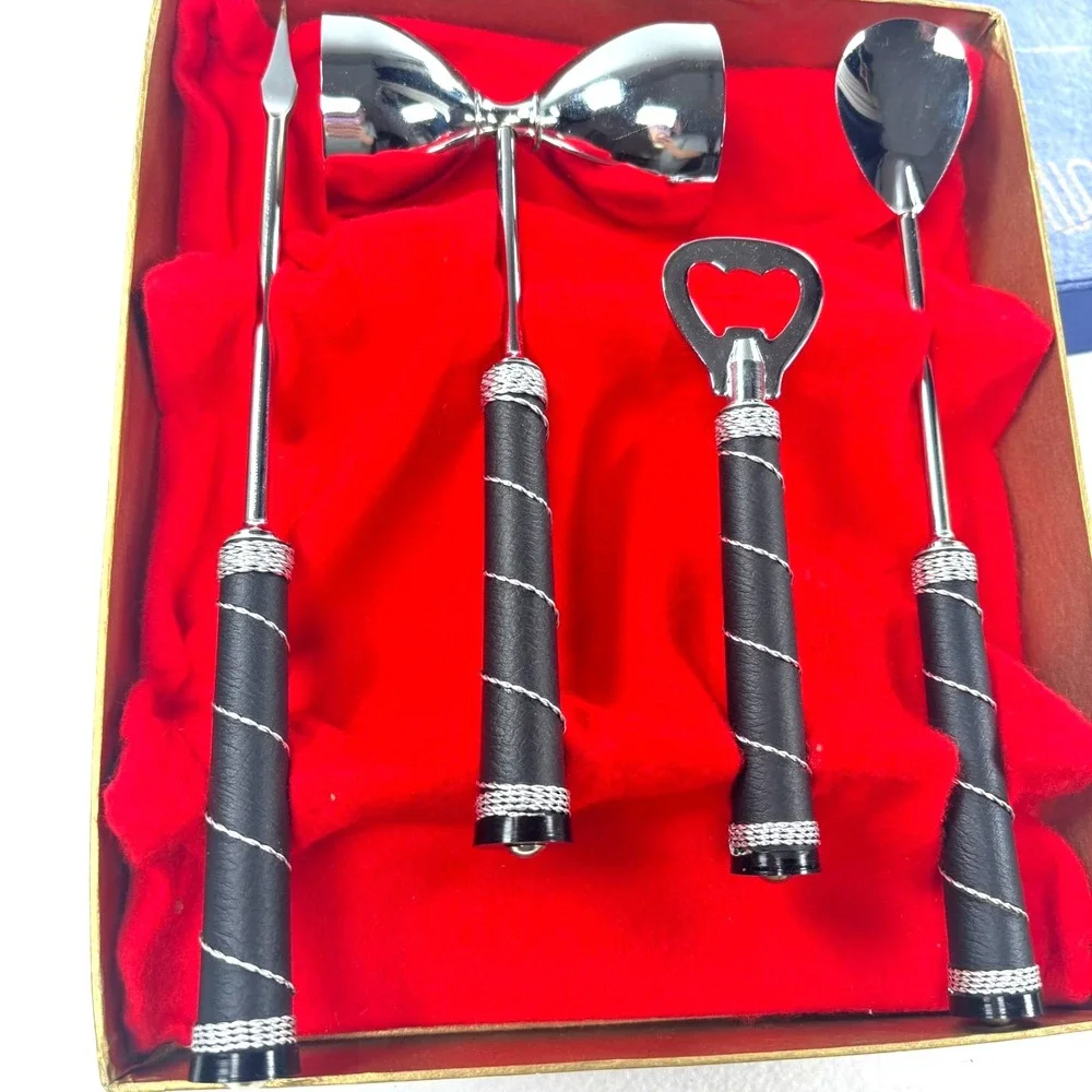 Swank Barware Set Unisex OS Silver Black Faux Leather Wrapped Mid Century Modern